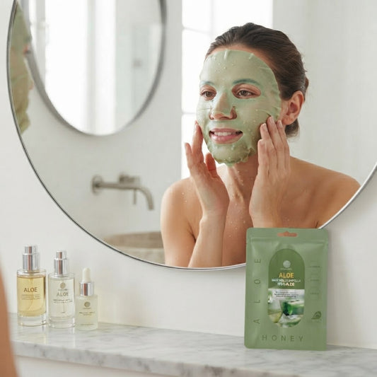 Mascarilla Facial "Aloe Honey" – Mascarilla Ampolla de Aloe Real (Hidratación y Brillo)
