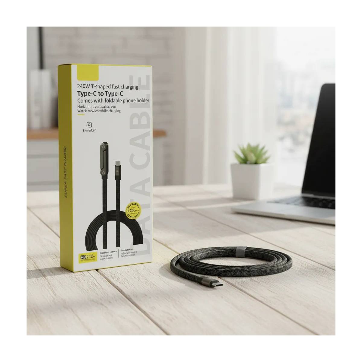 Cable Tipo C a Tipo C de 240W de Carga Rápida con Soporte para Celular